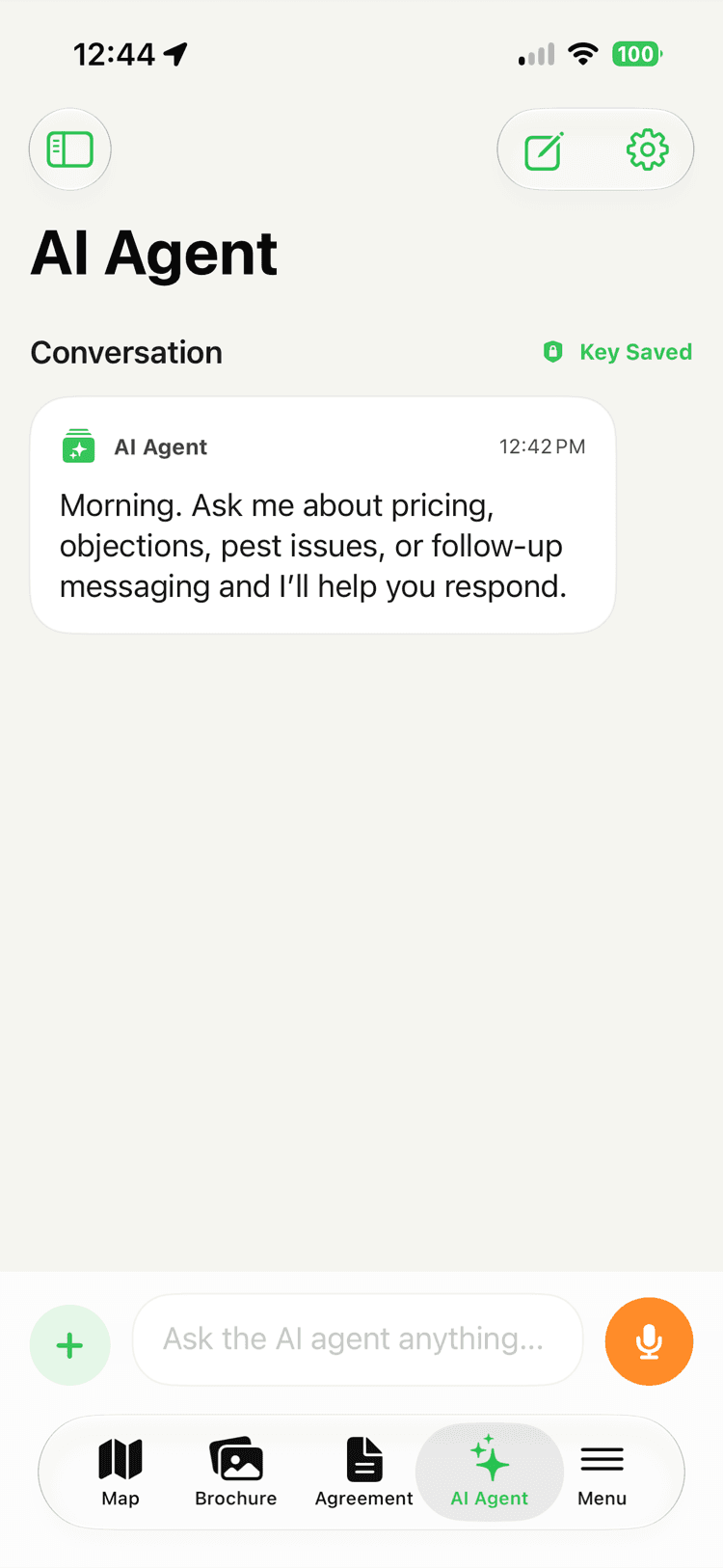 An AI Agent chat screen inviting the rep to ask about pricing, objections, pest issues, or follow-up messaging, with a text box reading Ask the AI agent anything.
