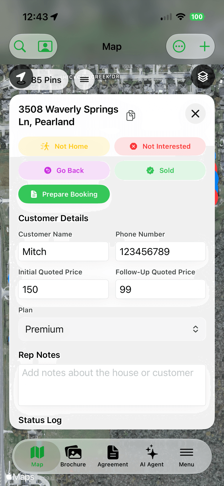 A tapped map pin opening a sheet for 3508 Waverly Springs Ln with status buttons — Not Home, Not Interested, Go Back, Sold, Prepare Booking — plus customer name, phone, quoted prices, and plan.