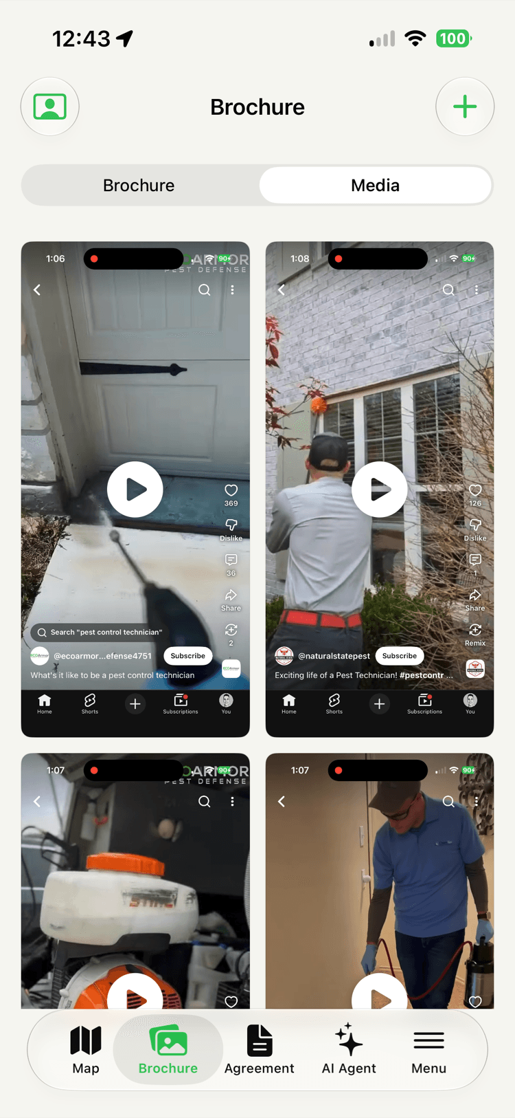 A media tab showing a grid of short service and technician videos with play buttons and view counts.