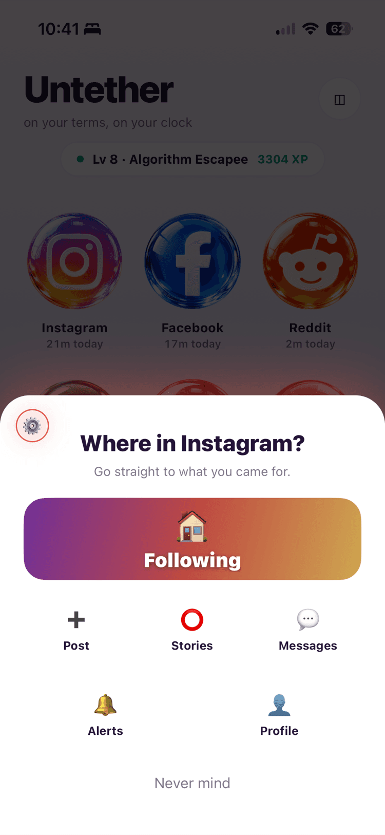 A sheet asking “Where in Instagram?” with a large Following button and smaller shortcuts to Post, Stories, Messages, Alerts, and Profile.