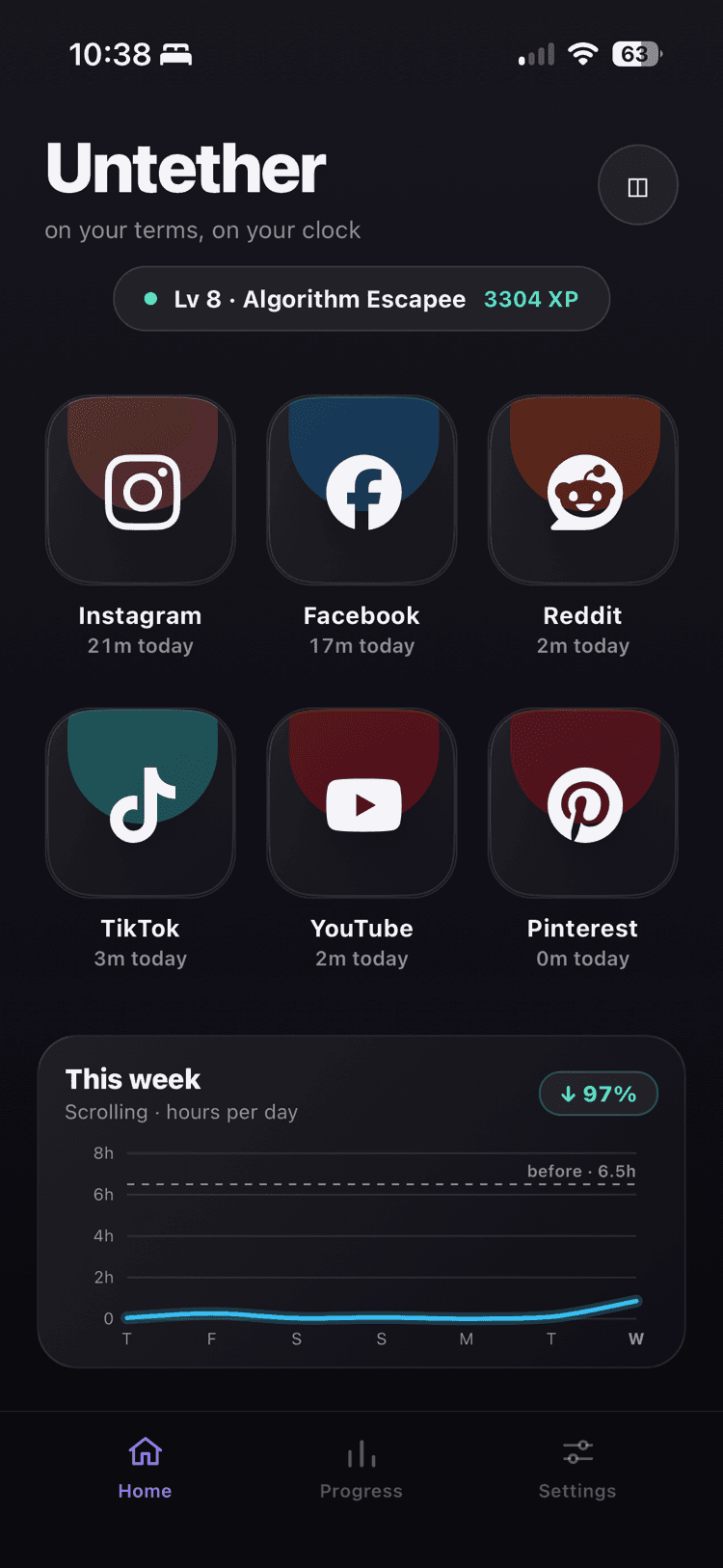 The home screen in the charcoal theme, showing every platform as a tile with today's minutes beneath it.